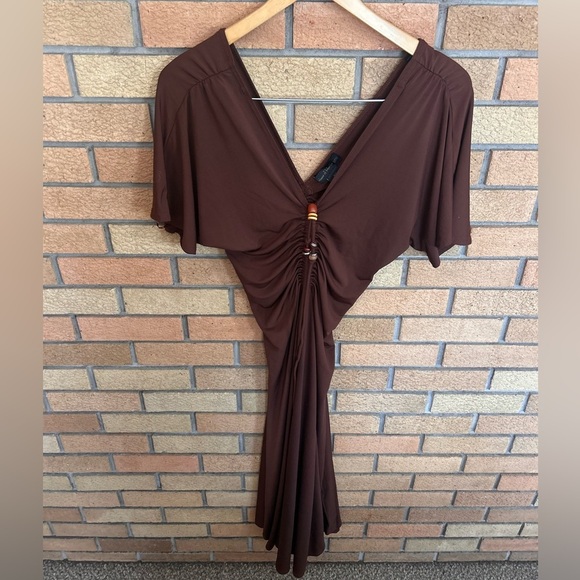 House of Harlow 1960 Draped Ruched Brown Slip Dress Beaded Detail Size Small - Picture 2 of 5